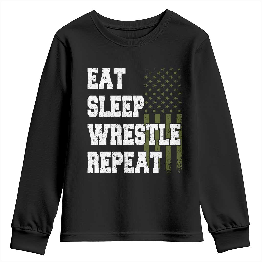 Eat Sleep Wrestle Repeat Youth Sweatshirt Funny Wrestling Gym American Flag - Wonder Print Shop