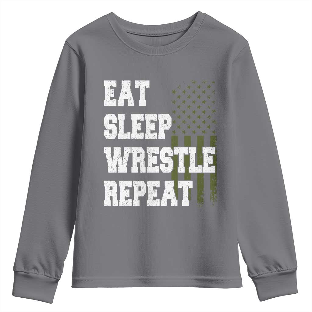 Eat Sleep Wrestle Repeat Youth Sweatshirt Funny Wrestling Gym American Flag - Wonder Print Shop