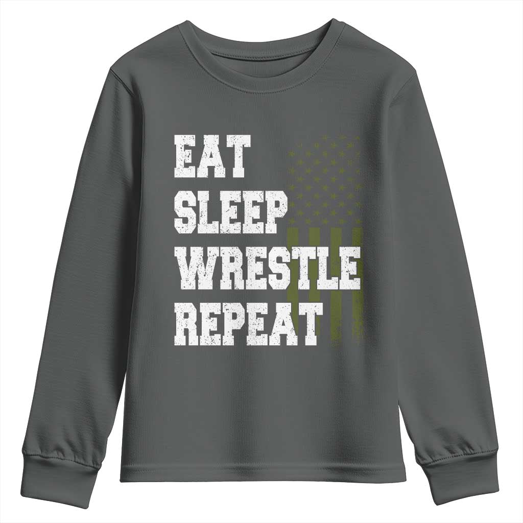 Eat Sleep Wrestle Repeat Youth Sweatshirt Funny Wrestling Gym American Flag - Wonder Print Shop