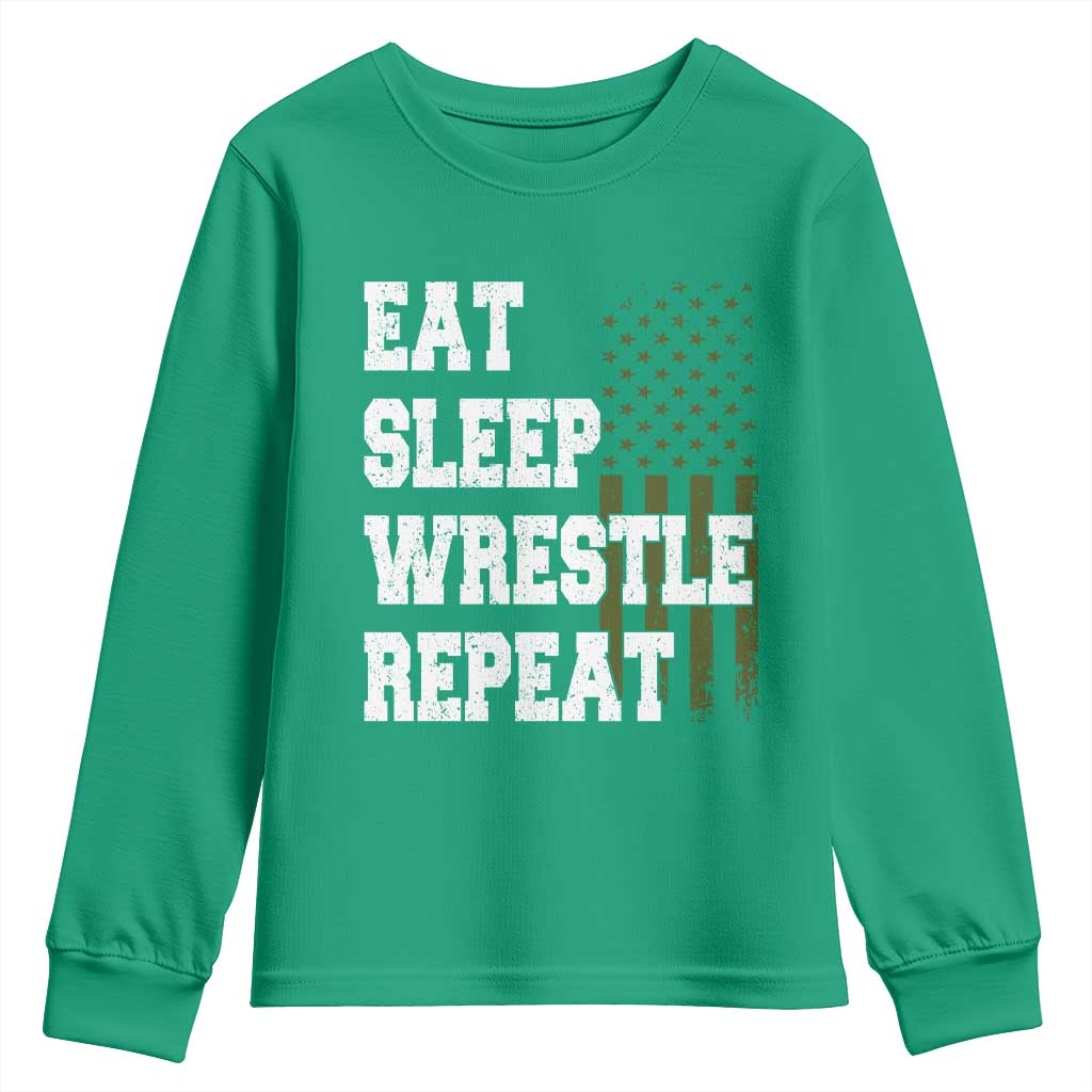 Eat Sleep Wrestle Repeat Youth Sweatshirt Funny Wrestling Gym American Flag - Wonder Print Shop