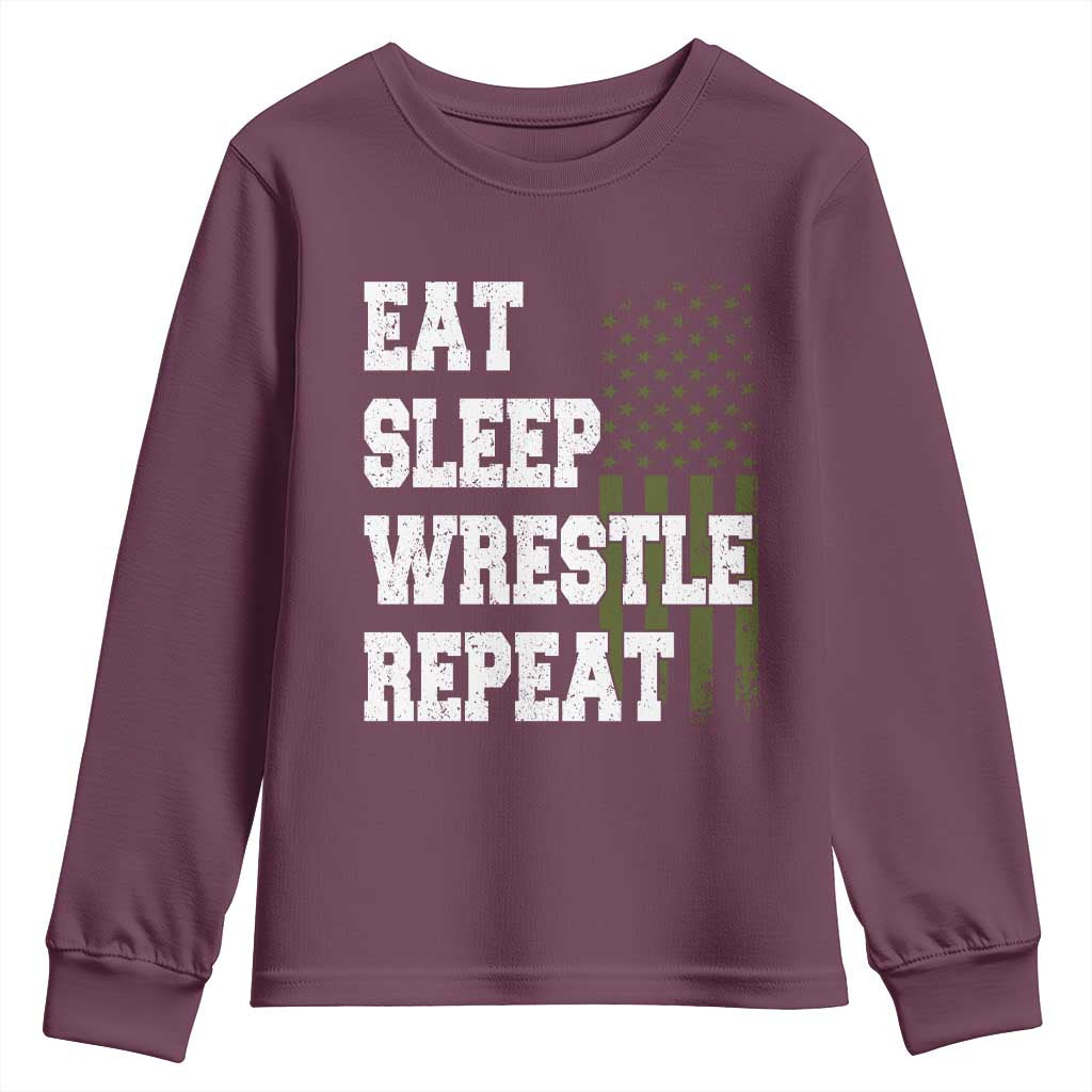 Eat Sleep Wrestle Repeat Youth Sweatshirt Funny Wrestling Gym American Flag - Wonder Print Shop