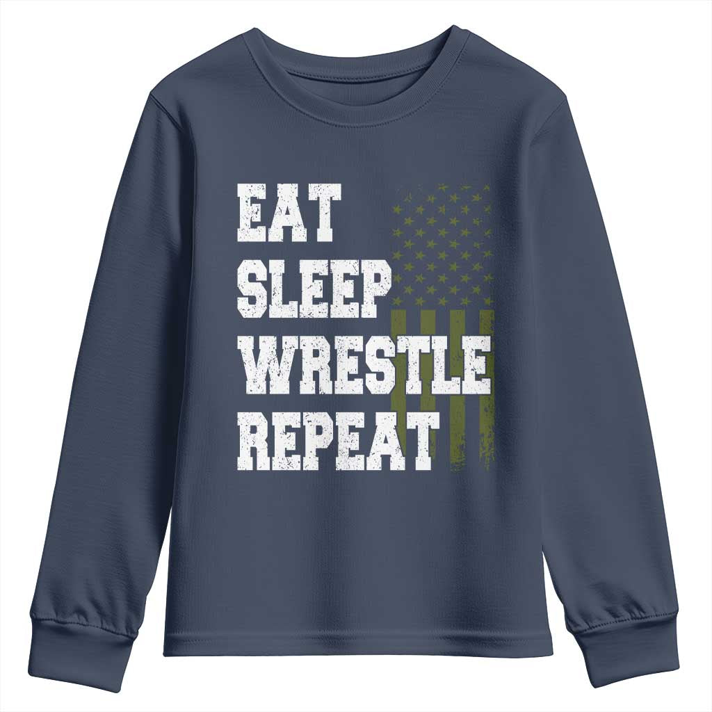 Eat Sleep Wrestle Repeat Youth Sweatshirt Funny Wrestling Gym American Flag - Wonder Print Shop