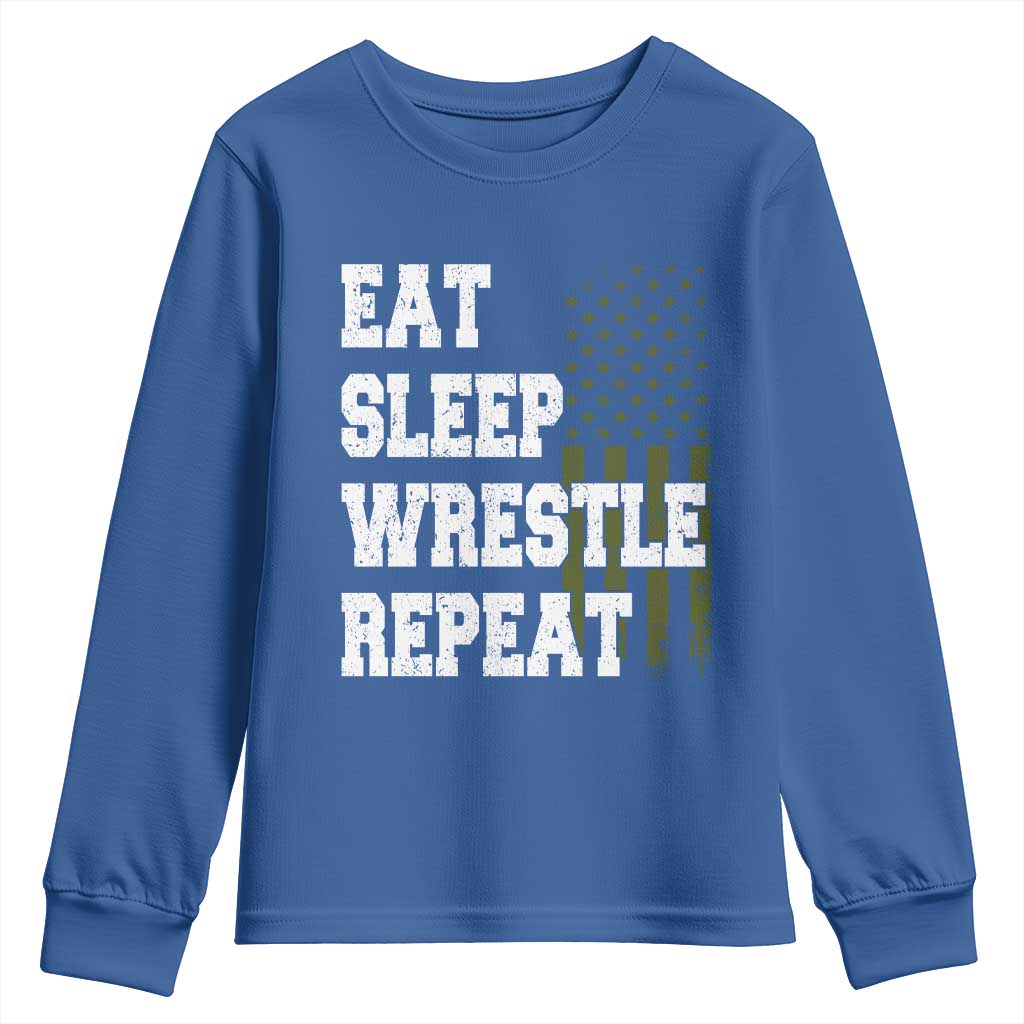 Eat Sleep Wrestle Repeat Youth Sweatshirt Funny Wrestling Gym American Flag - Wonder Print Shop