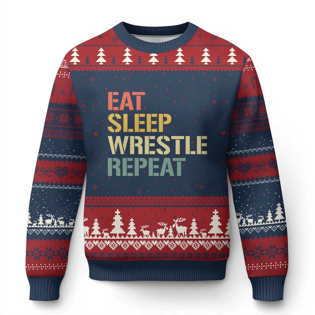 Eat Sleep Wrestle Repeat Ugly Christmas Sweater Cool Wrestling - Wonder Print Shop