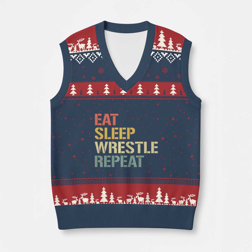 Eat Sleep Wrestle Repeat V-Neck Knit Sweater Vest Cool Wrestling - Wonder Print Shop