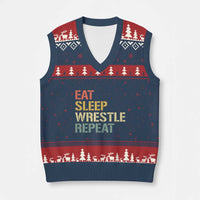 Eat Sleep Wrestle Repeat V-Neck Knit Sweater Vest Cool Wrestling - Wonder Print Shop