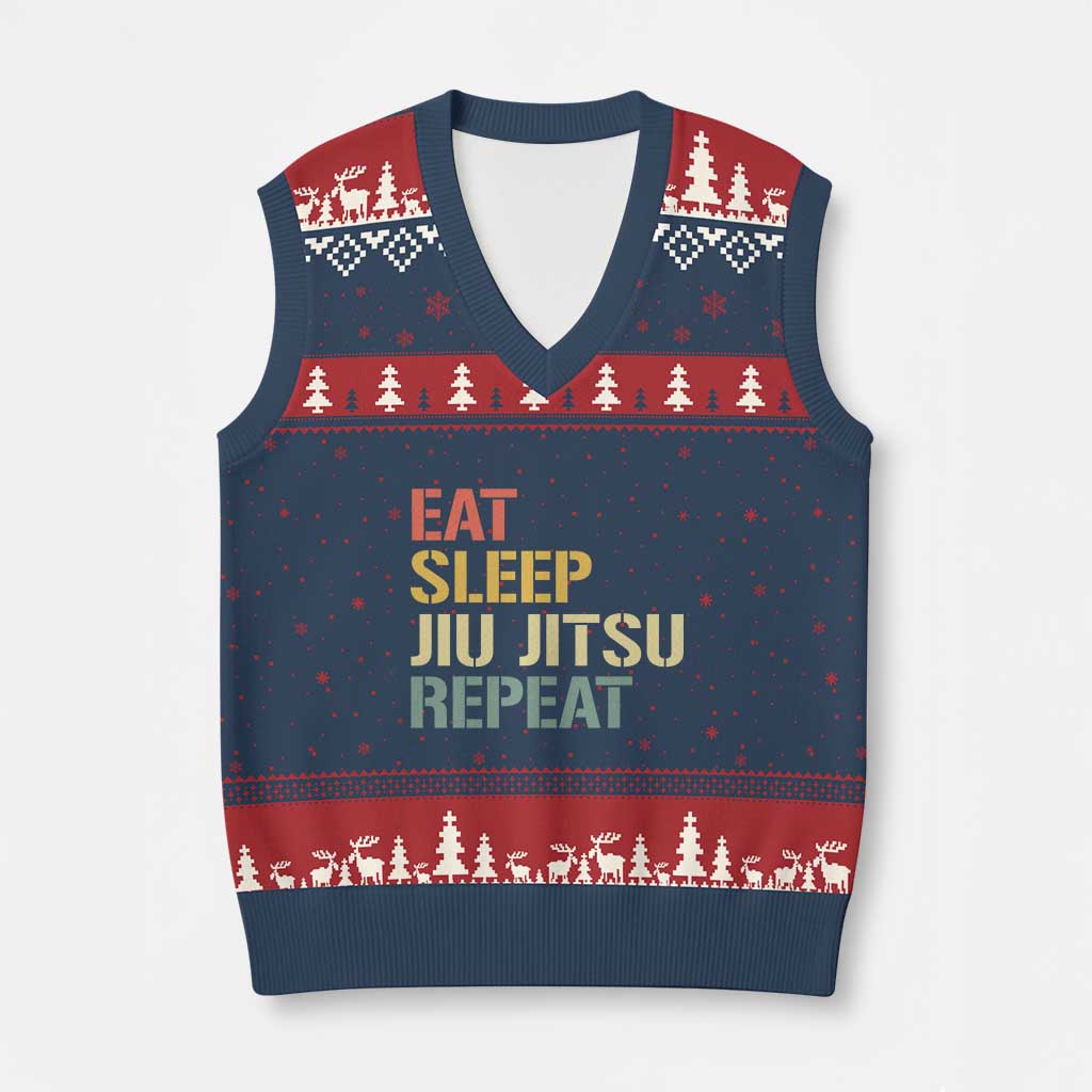 Retro Eat Sleep Jiu Jitsu Repeat V-Neck Knit Sweater Vest Vintage JiuJitsu BJJ - Wonder Print Shop