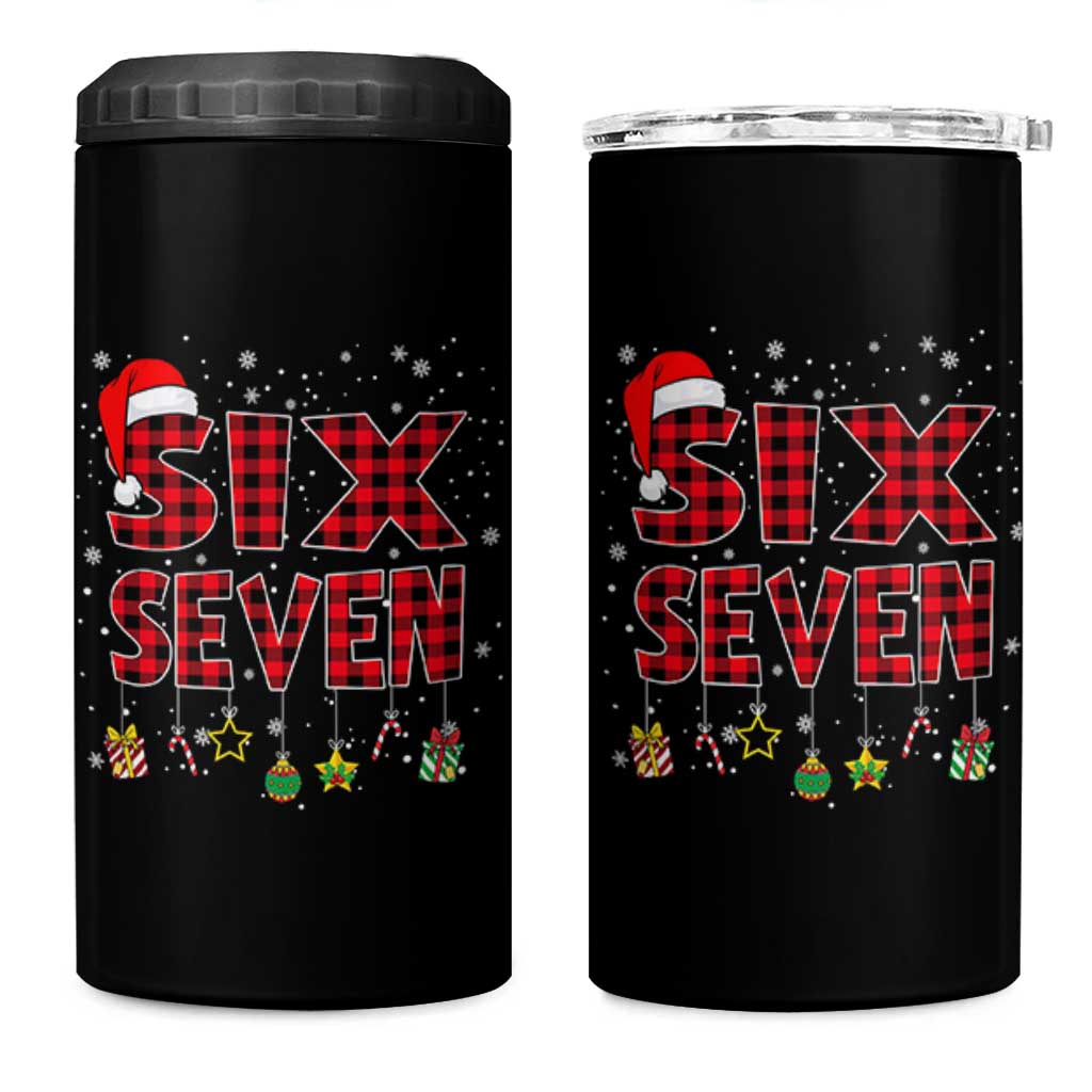 Funny Six Seven Christmas 4 in 1 Can Cooler Tumbler 67 Meme Gen Alpha Slang Red Plaid Xmas Pajamas - Wonder Print Shop