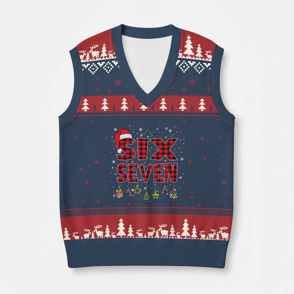 Funny Six Seven Xmas V-Neck Knit Sweater Vest 67 Meme Gen Alpha Slang Red Plaid Xmas Pajamas - Wonder Print Shop