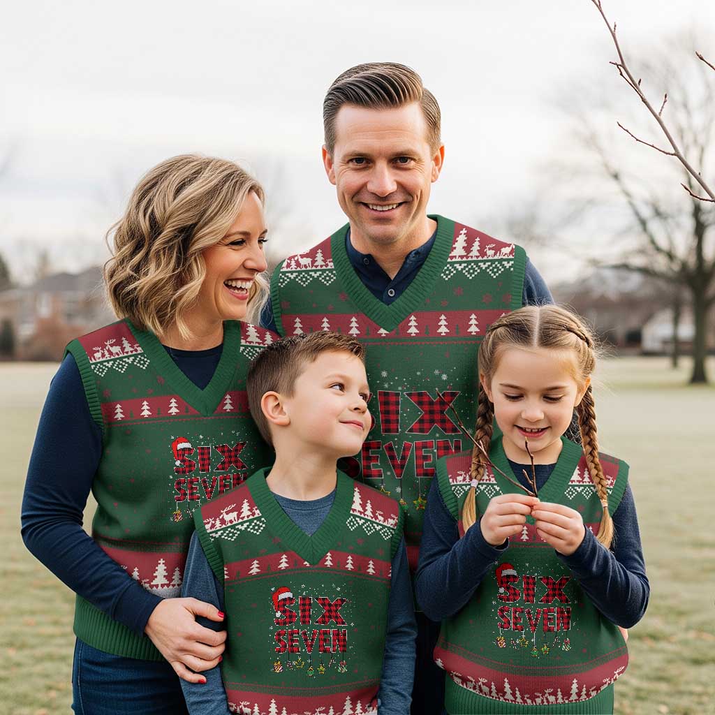 Funny Six Seven Xmas V-Neck Knit Sweater Vest 67 Meme Gen Alpha Slang Red Plaid Xmas Pajamas - Wonder Print Shop