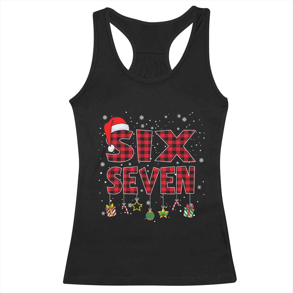 Funny Six Seven Christmas Racerback Tank Top 67 Meme Gen Alpha Slang Red Plaid Xmas Pajamas - Wonder Print Shop