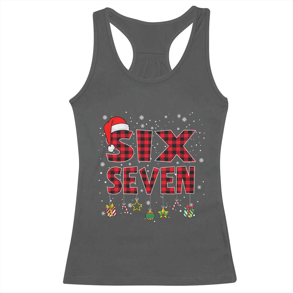 Funny Six Seven Christmas Racerback Tank Top 67 Meme Gen Alpha Slang Red Plaid Xmas Pajamas - Wonder Print Shop