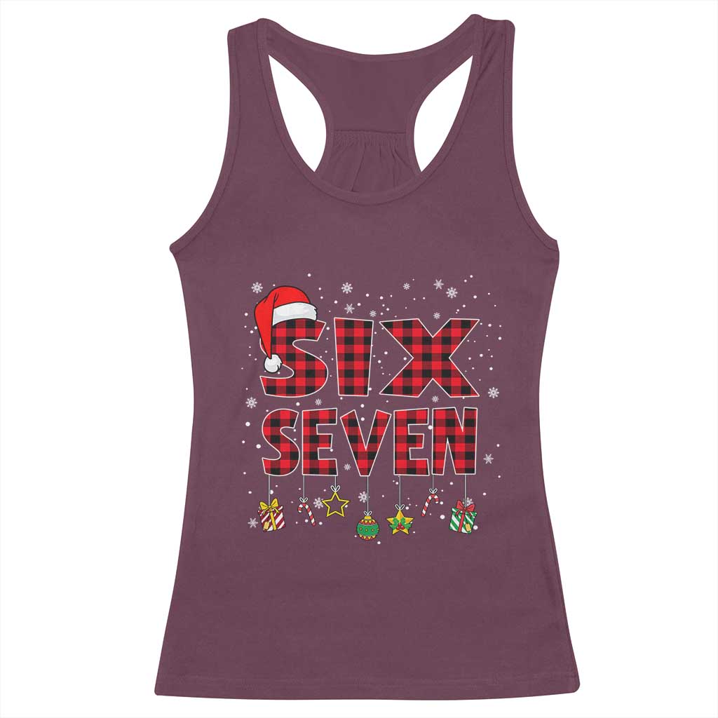 Funny Six Seven Christmas Racerback Tank Top 67 Meme Gen Alpha Slang Red Plaid Xmas Pajamas - Wonder Print Shop