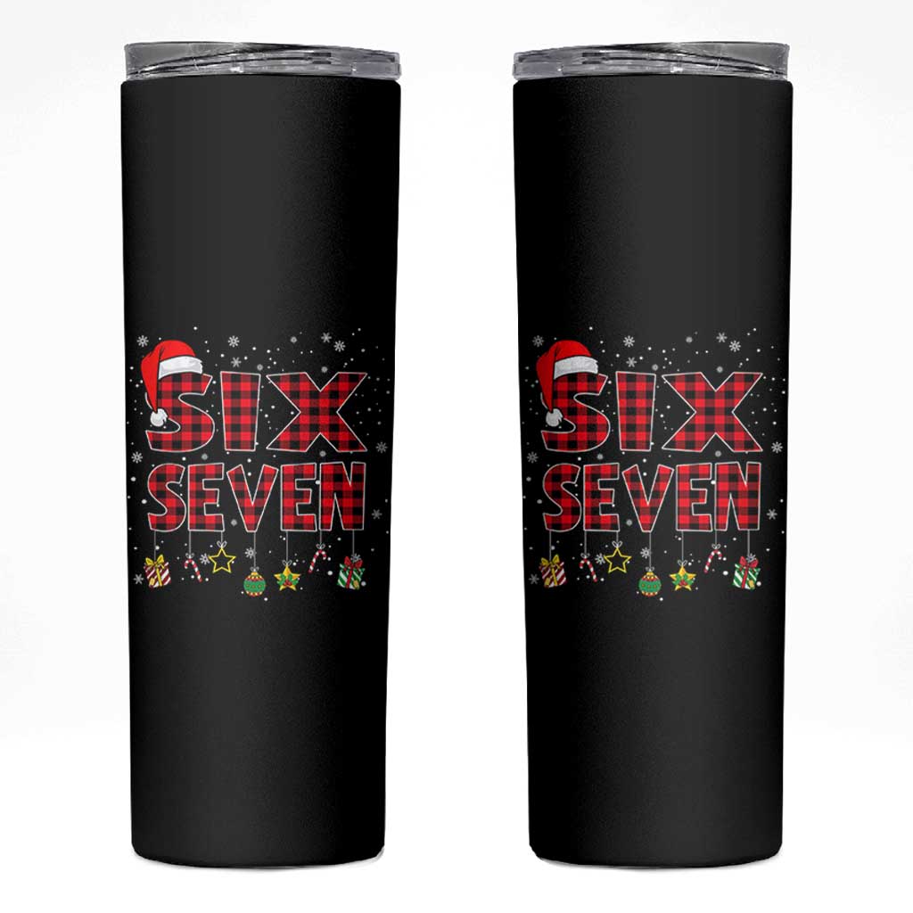 Funny Six Seven Christmas Skinny Tumbler 67 Meme Gen Alpha Slang Red Plaid Xmas Pajamas - Wonder Print Shop