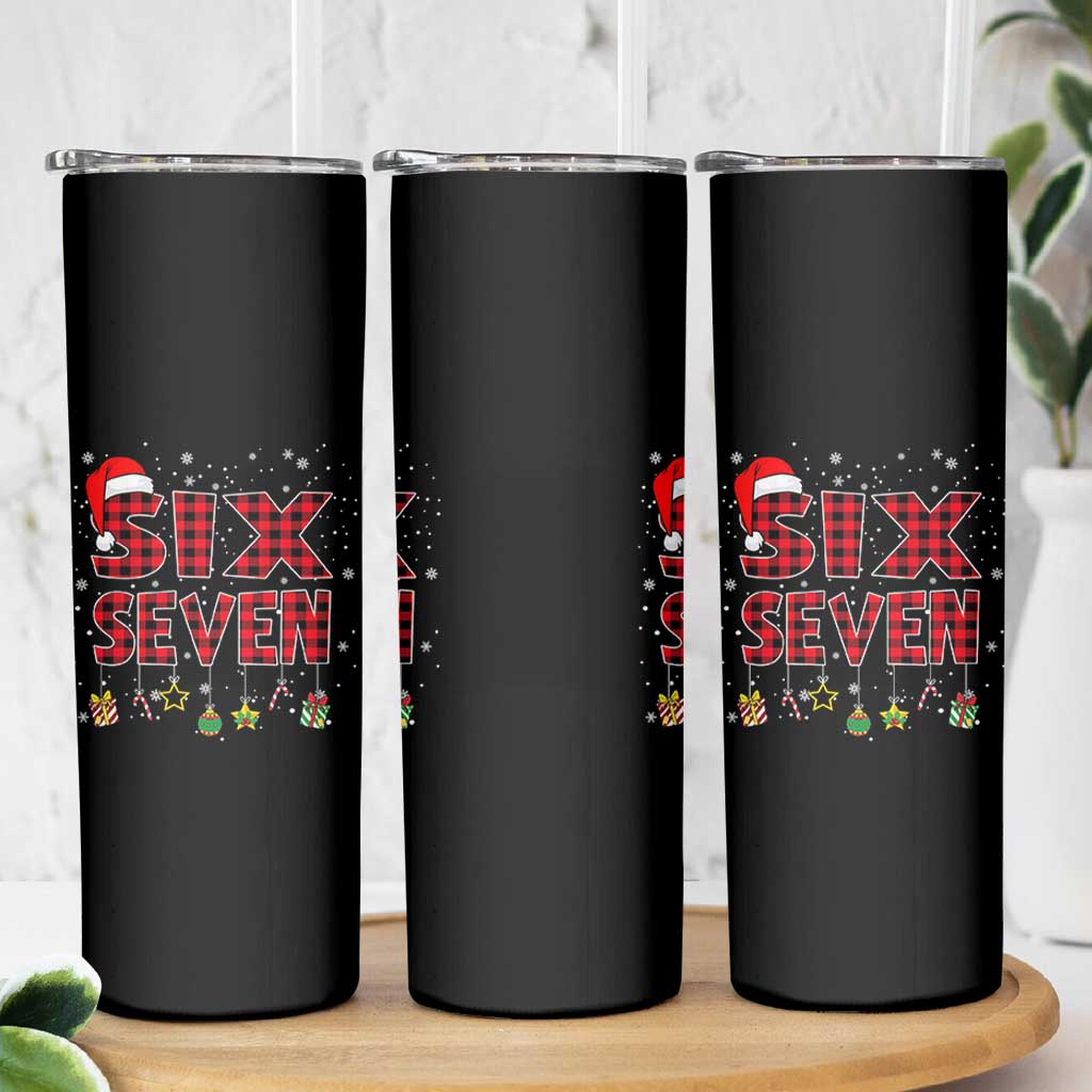 Funny Six Seven Christmas Skinny Tumbler 67 Meme Gen Alpha Slang Red Plaid Xmas Pajamas - Wonder Print Shop