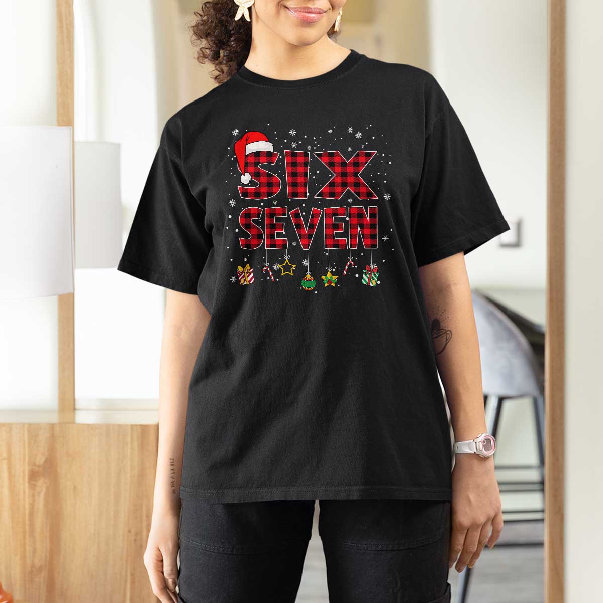 Funny Six Seven Christmas T Shirt For Women 67 Meme Gen Alpha Slang Red Plaid Xmas Pajamas - Wonder Print Shop