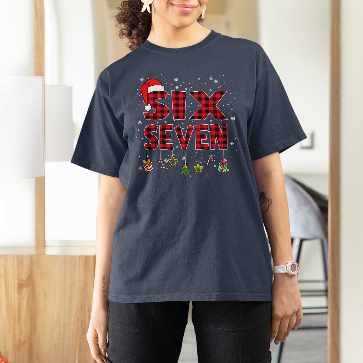 Funny Six Seven Christmas T Shirt For Women 67 Meme Gen Alpha Slang Red Plaid Xmas Pajamas - Wonder Print Shop