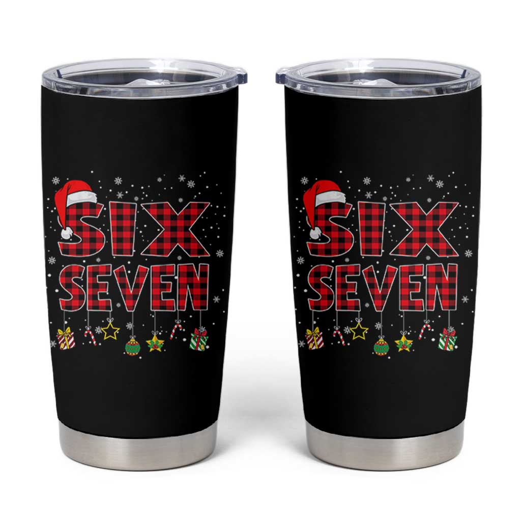 Funny Six Seven Christmas Tumbler Cup 67 Meme Gen Alpha Slang Red Plaid Xmas Pajamas - Wonder Print Shop
