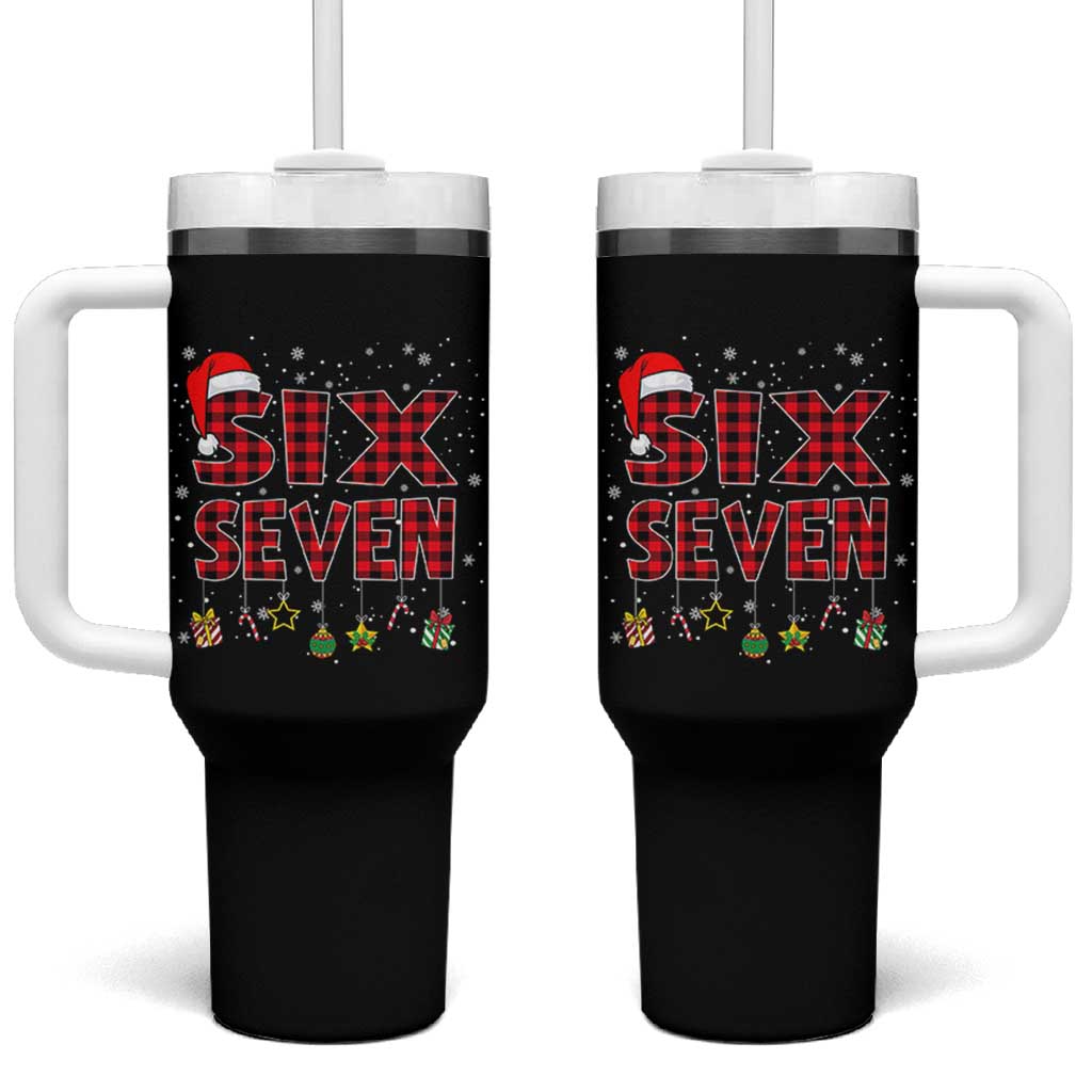 Funny Six Seven Christmas Tumbler With Handle 67 Meme Gen Alpha Slang Red Plaid Xmas Pajamas - Wonder Print Shop