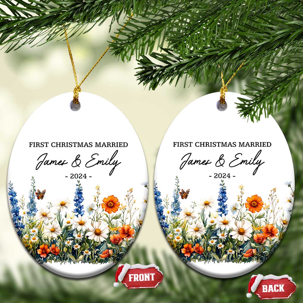 Personalised First Xmas Married Christmas Ornament Custom Name 2024 Flowers Decorations Keepsake Wedding Gifts - Wonder Print Shop