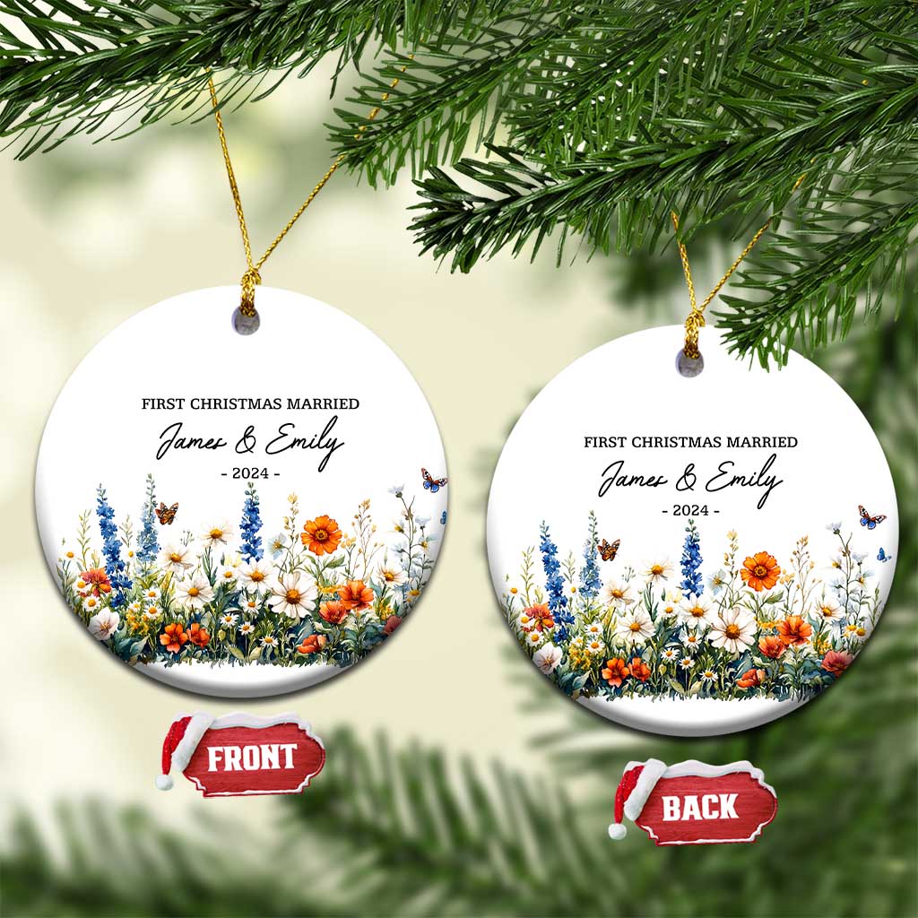Personalised First Xmas Married Christmas Ornament Custom Name 2024 Flowers Decorations Keepsake Wedding Gifts - Wonder Print Shop