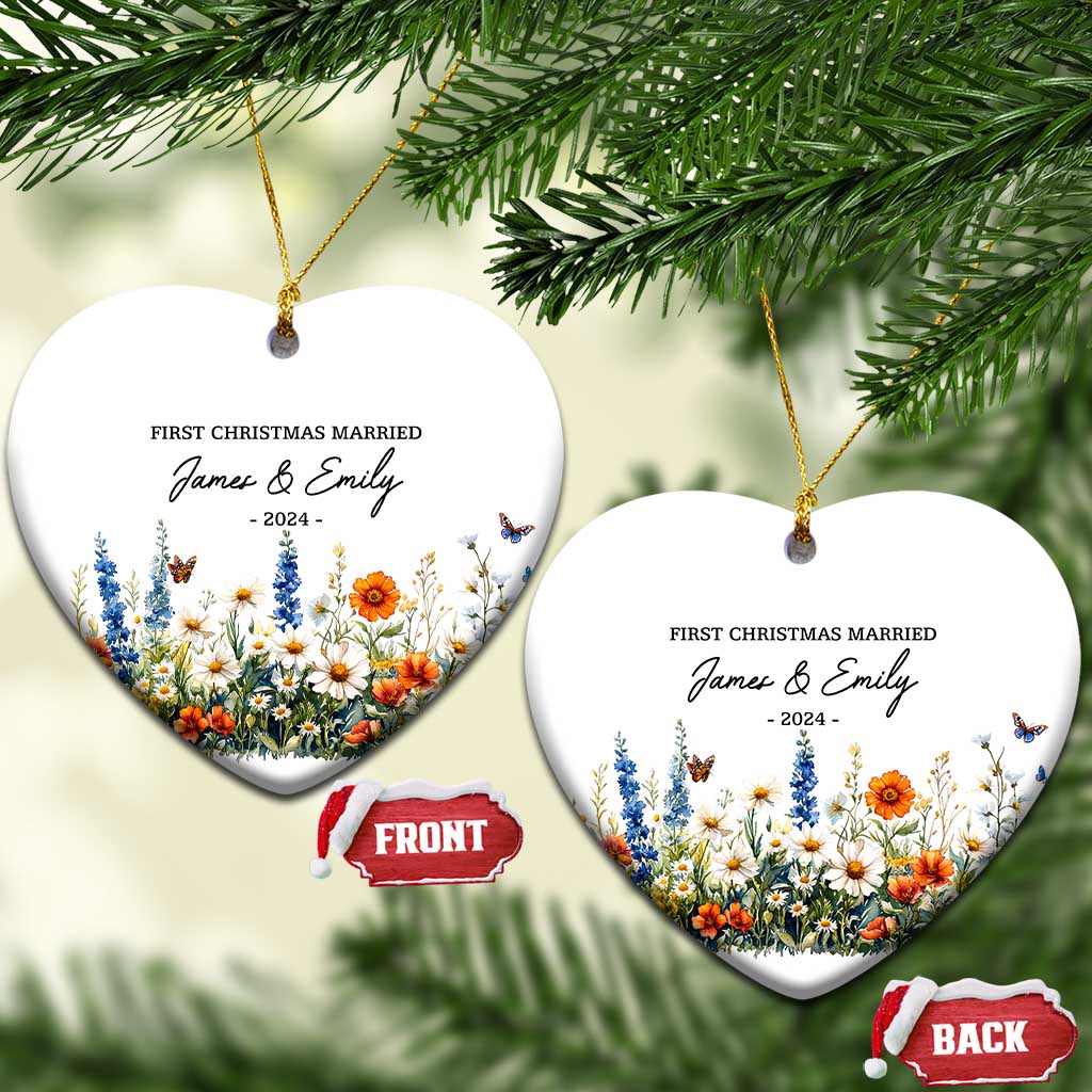 Personalised First Xmas Married Christmas Ornament Custom Name 2024 Flowers Decorations Keepsake Wedding Gifts - Wonder Print Shop