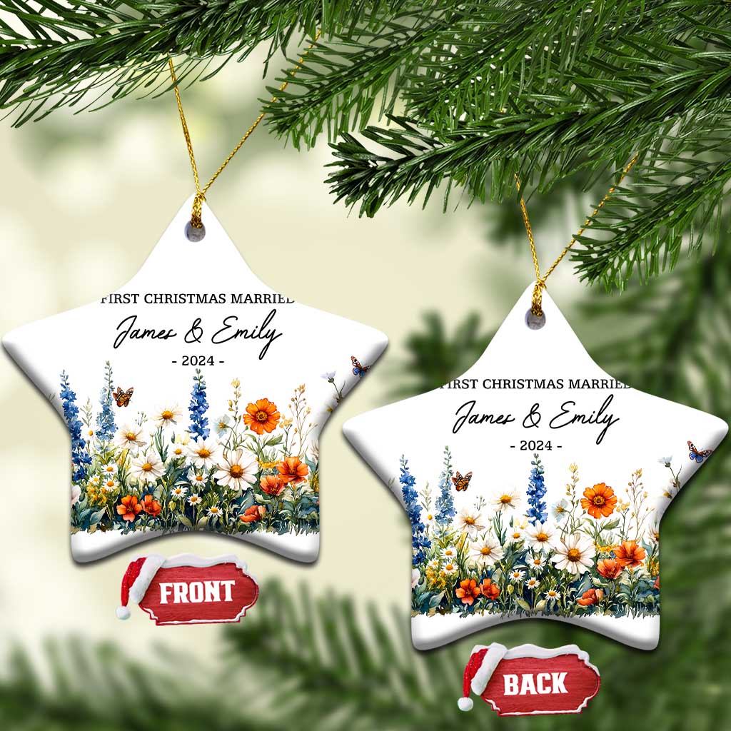 Personalised First Xmas Married Christmas Ornament Custom Name 2024 Flowers Decorations Keepsake Wedding Gifts - Wonder Print Shop