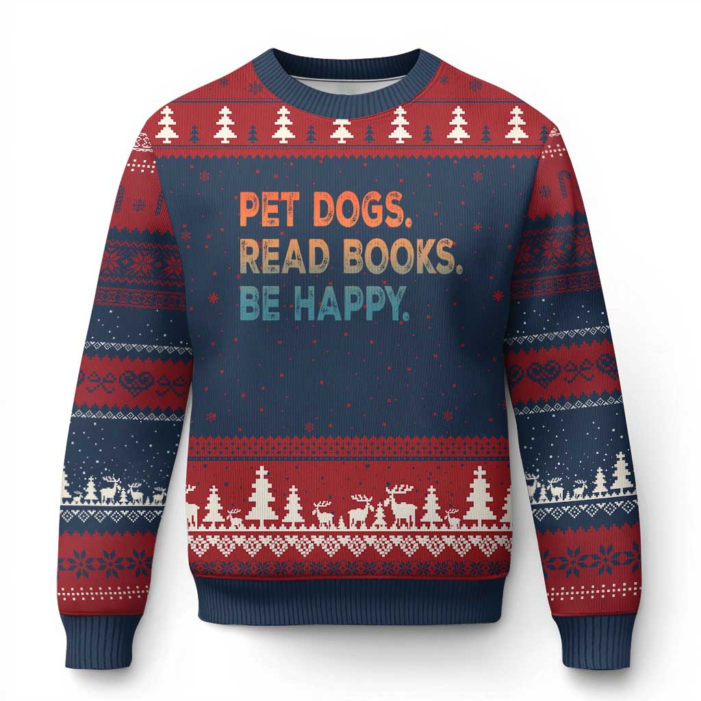 Dog Book Lovers Ugly Christmas Sweater Retro Pet Dogs Read Books Be Happy