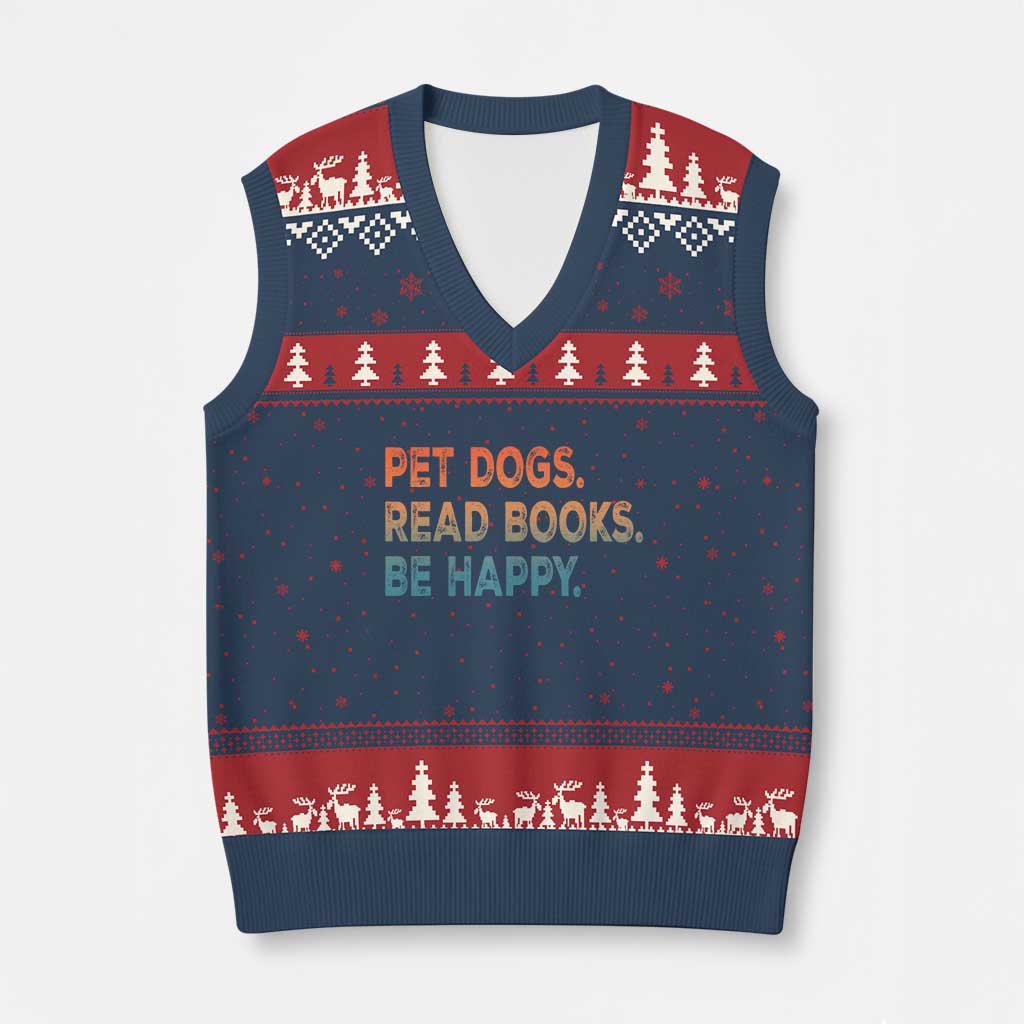 Dog Book Lovers V-Neck Knit Sweater Vest Retro Pet Dogs Read Books Be Happy