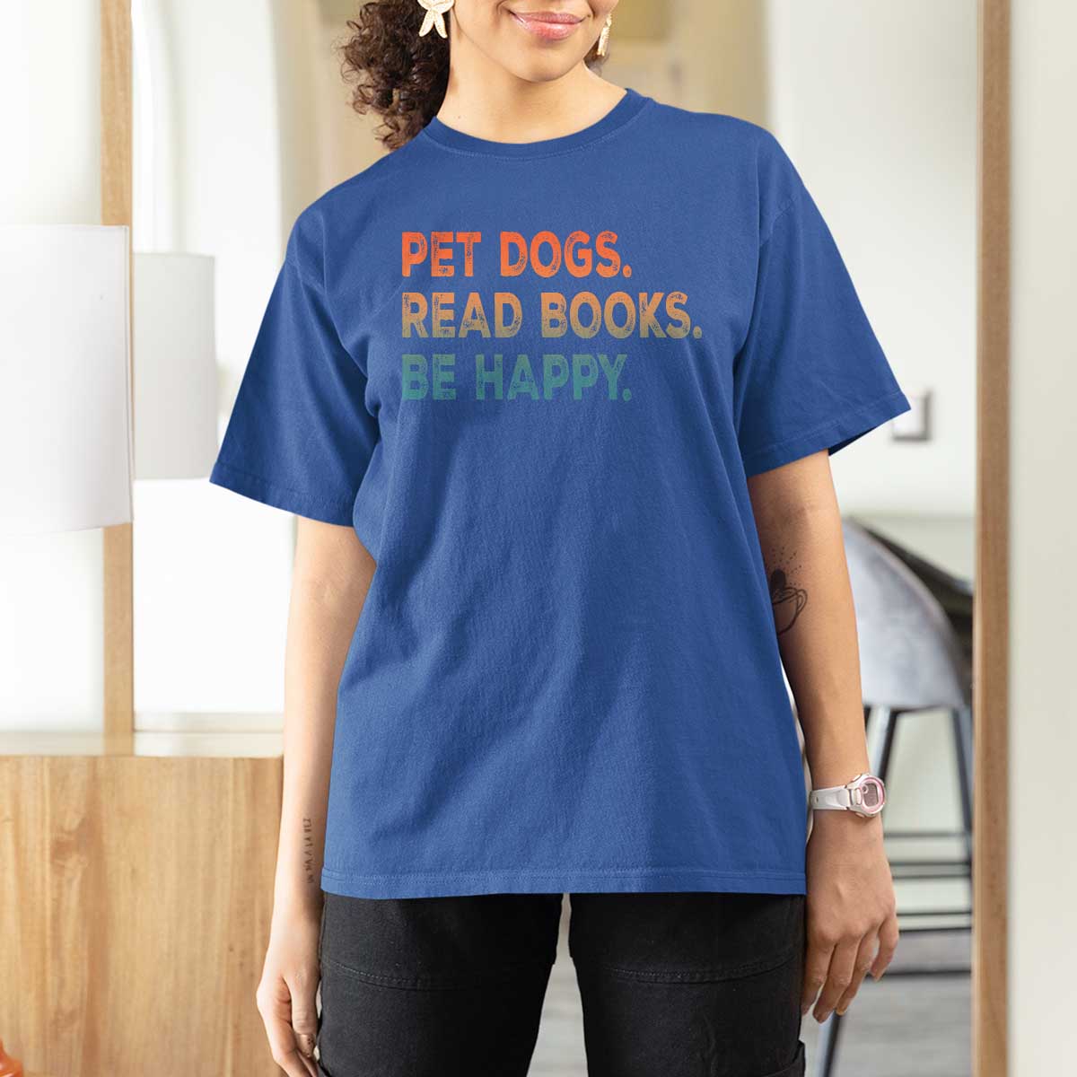 Dog Book Lovers T Shirt For Women Retro Pet Dogs Read Books Be Happy