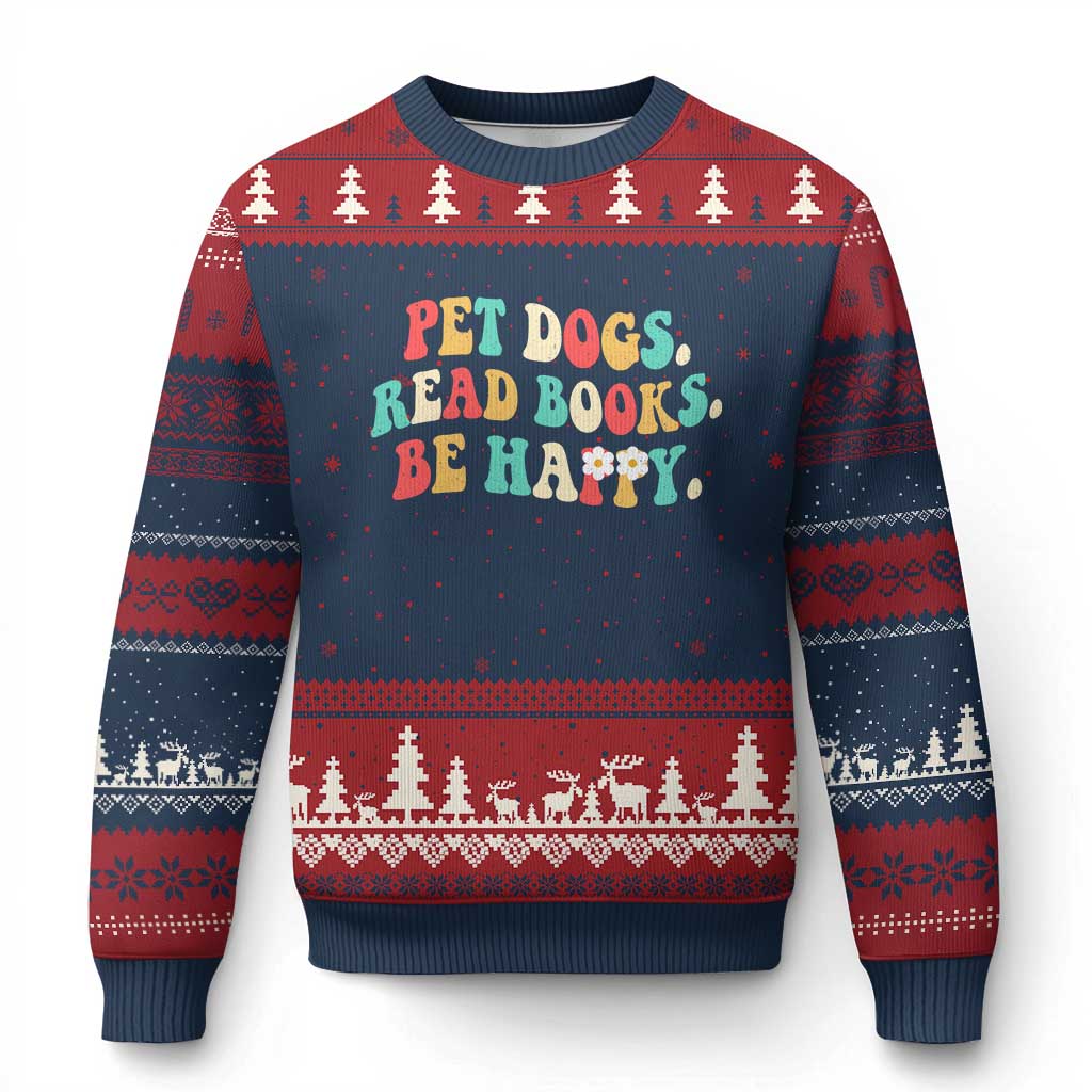 Dog Book Lover Ugly Christmas Sweater Retro Groovy Flower Bookish Dog Mom Gift