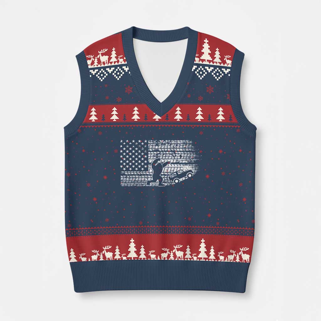 Bigfoot Offroad Car V-Neck Knit Sweater Vest Retro Sasquatch 4x4 UTV ATV Funny American Flag