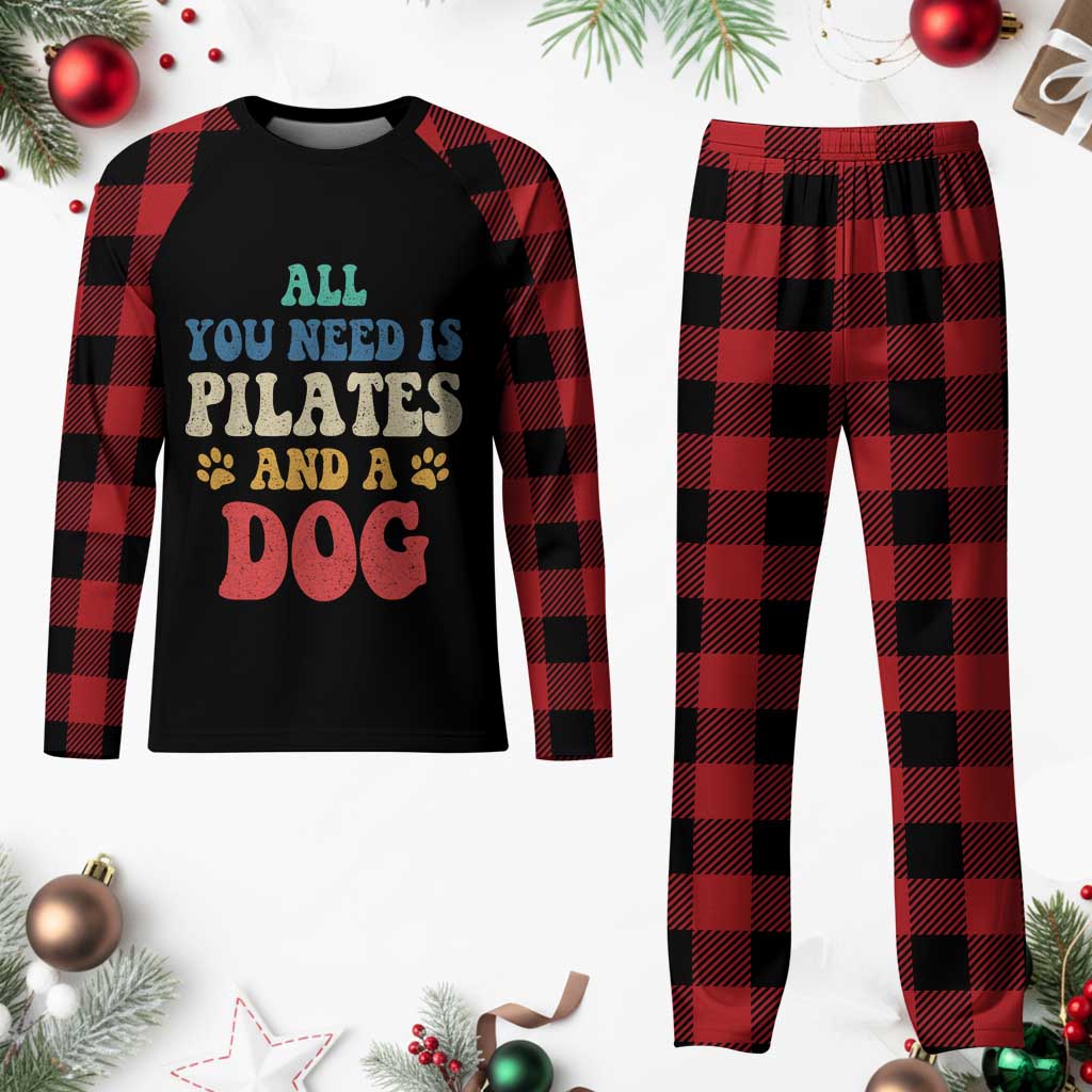 Funny Pilates Dog Lover Plaid Pajama Set Retro All You Need Is Pilates And A Dog