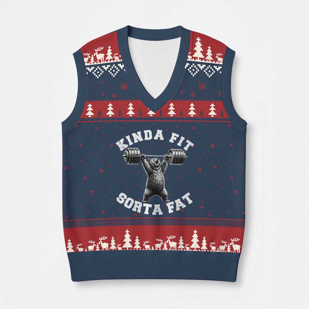 Funny Gym V-Neck Knit Sweater Vest Kinda Fit Sorta Fat Bear Weightlifting Workout
