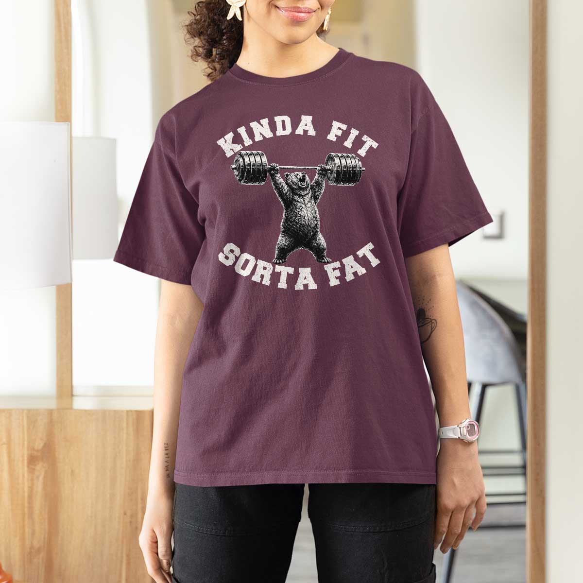 Funny Gym T Shirt For Women Kinda Fit Sorta Fat Bear Weightlifting Workout