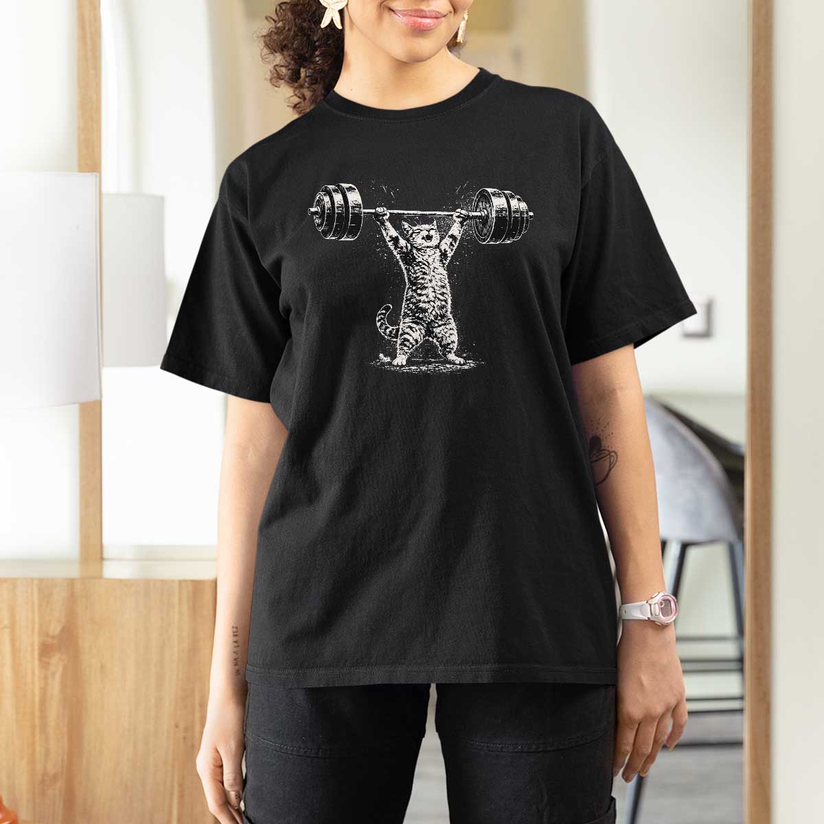 Funny Cat Gym T Shirt For Women Weightlifting Workout