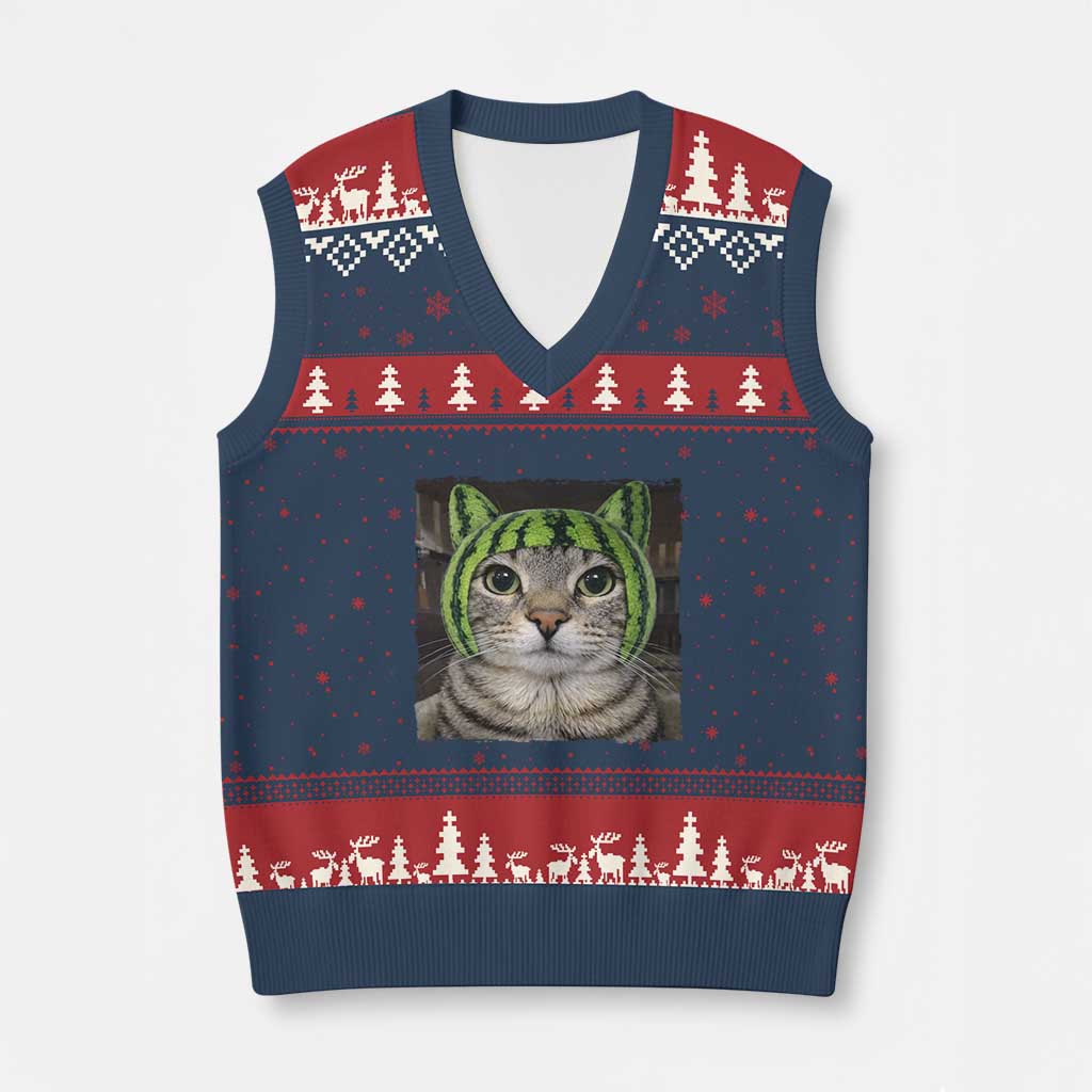 Watermelon Cat Silly Cat Meme V-Neck Knit Sweater Vest