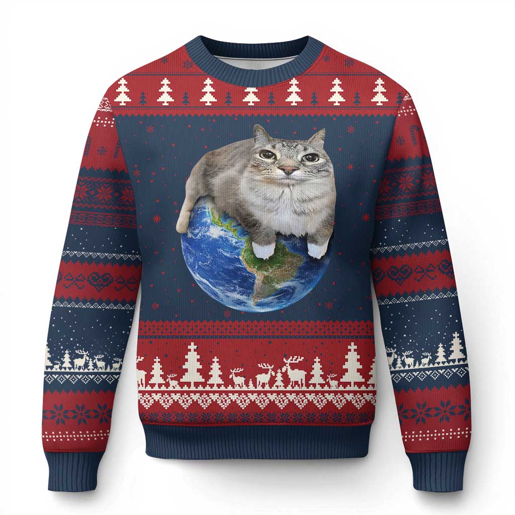 Earth Cat Silly Cat Meme Ugly Christmas Sweater