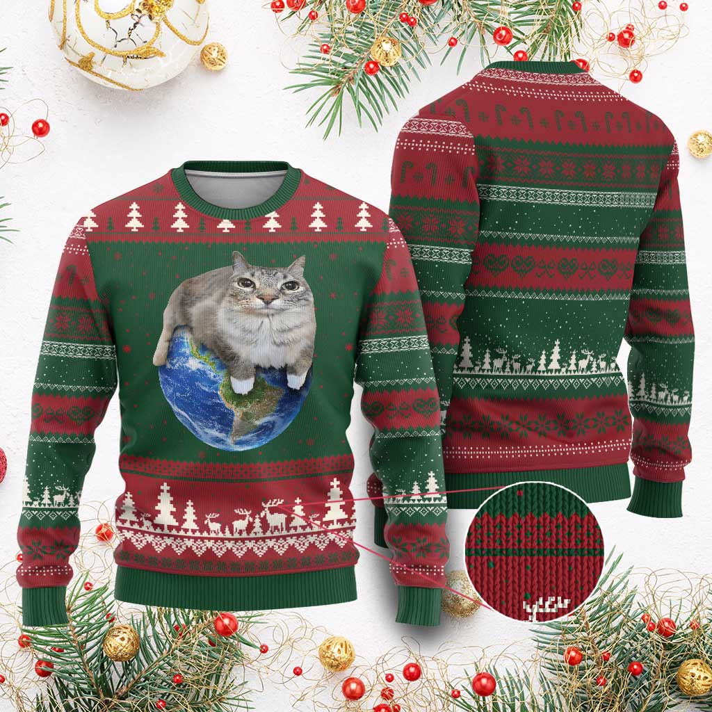 Earth Cat Silly Cat Meme Ugly Christmas Sweater