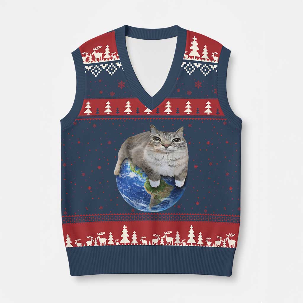 Earth Cat Silly Cat Meme V-Neck Knit Sweater Vest
