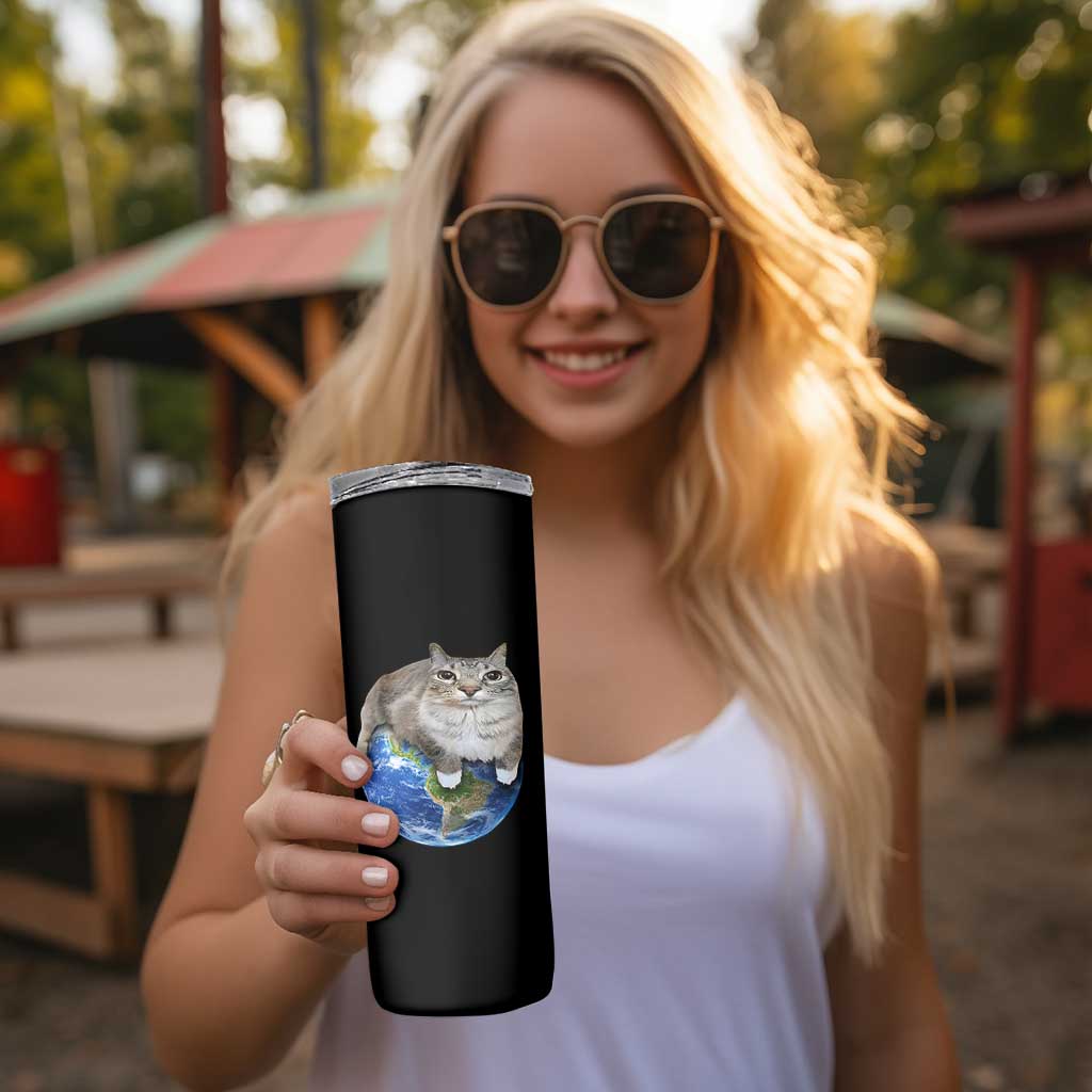 Earth Cat Silly Cat Meme Skinny Tumbler