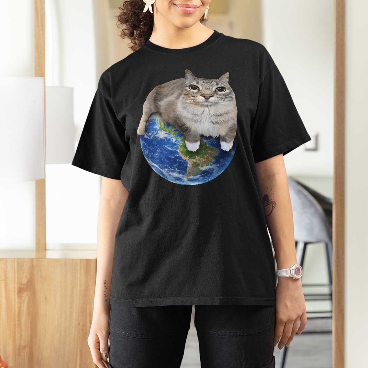 Earth Cat Silly Cat Meme T Shirt For Women