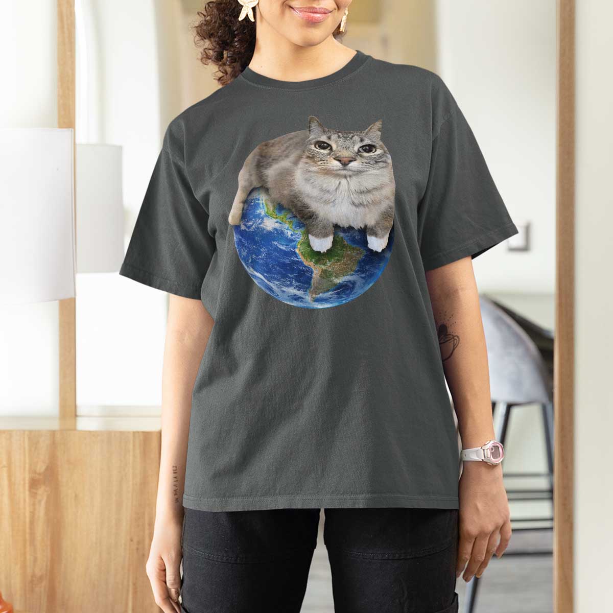 Earth Cat Silly Cat Meme T Shirt For Women