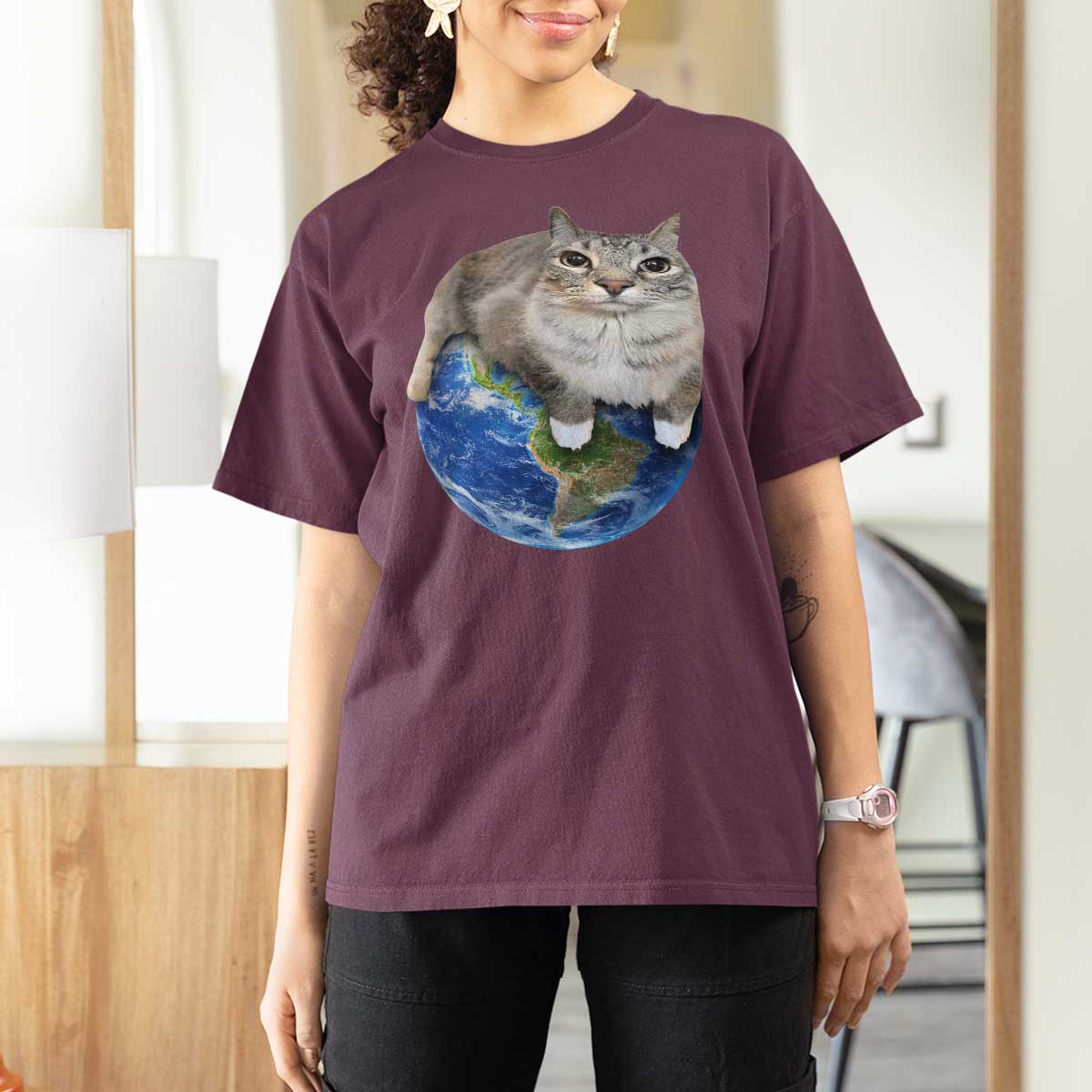 Earth Cat Silly Cat Meme T Shirt For Women