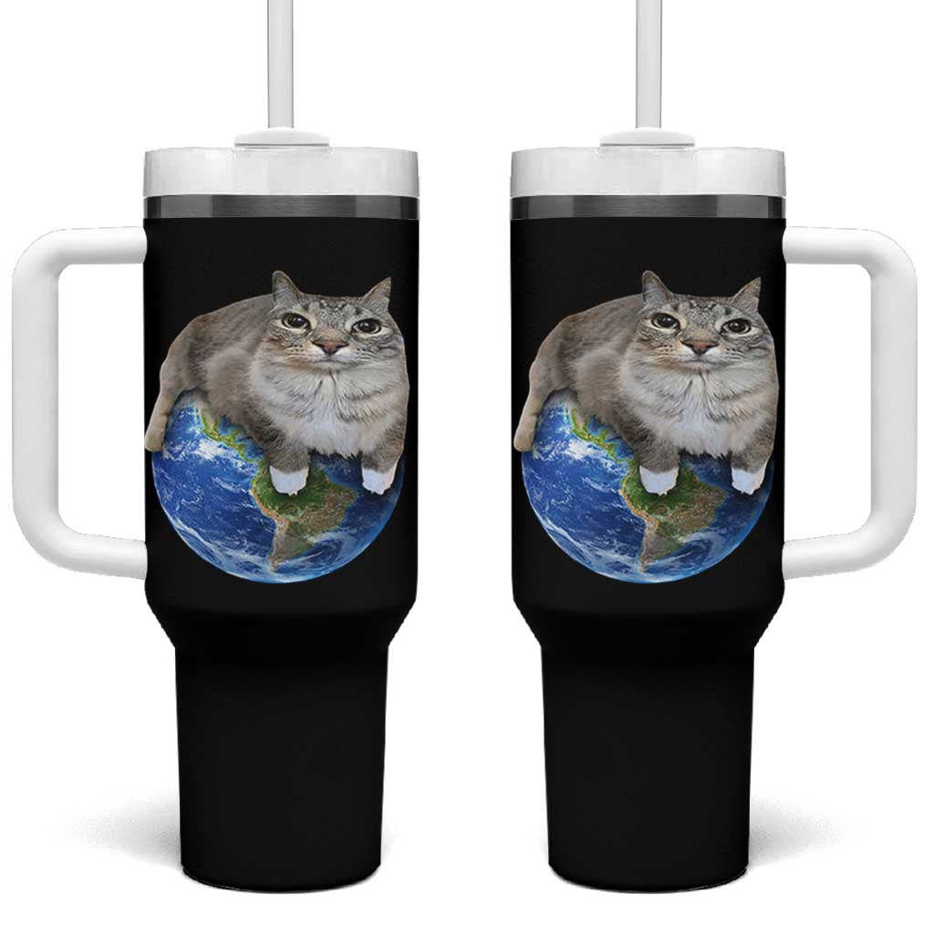 Earth Cat Silly Cat Meme Tumbler With Handle