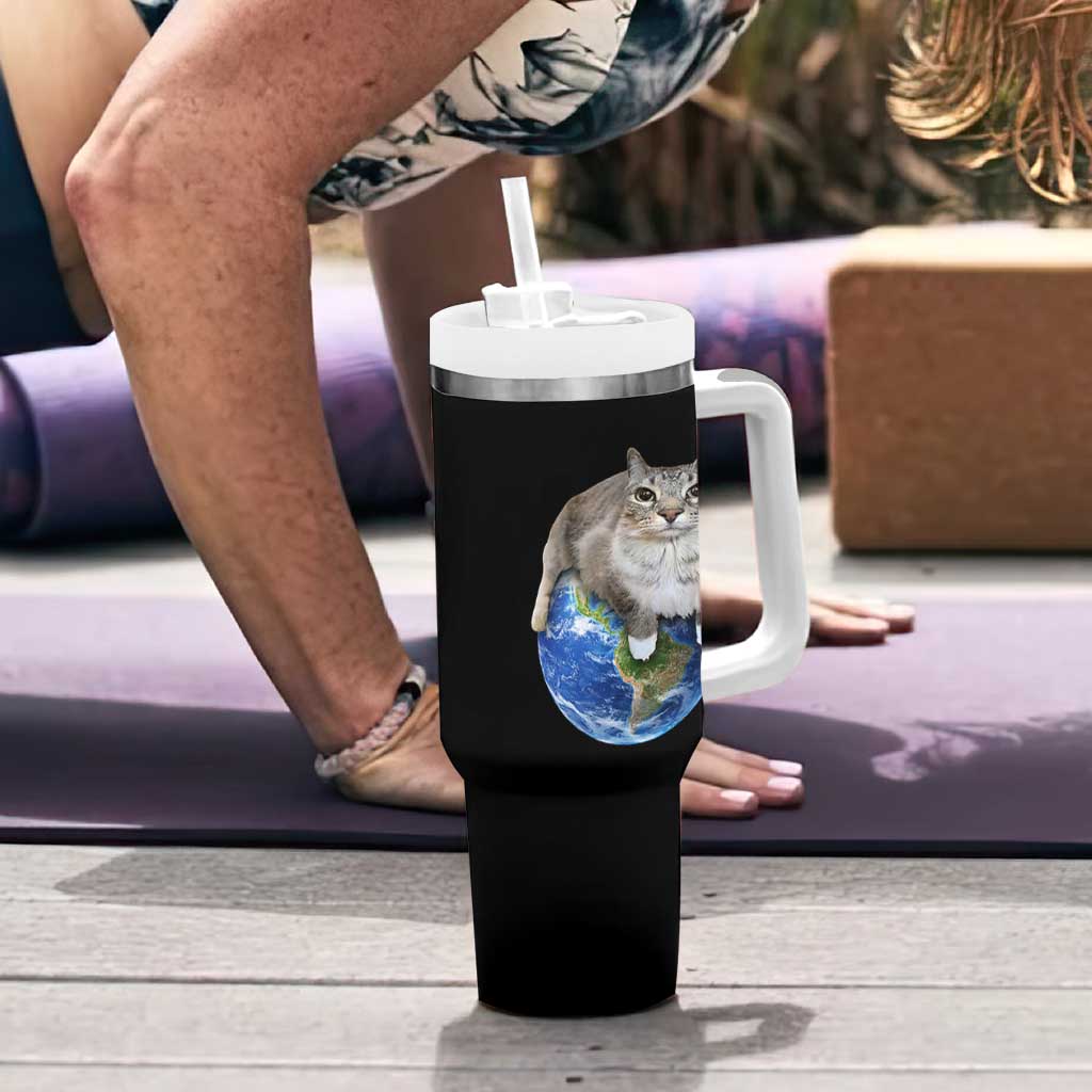 Earth Cat Silly Cat Meme Tumbler With Handle