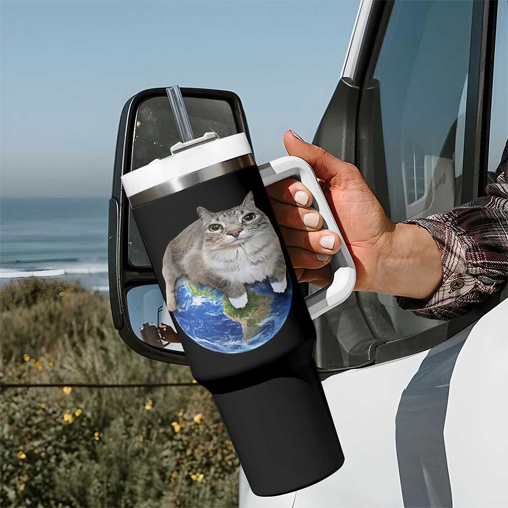 Earth Cat Silly Cat Meme Tumbler With Handle