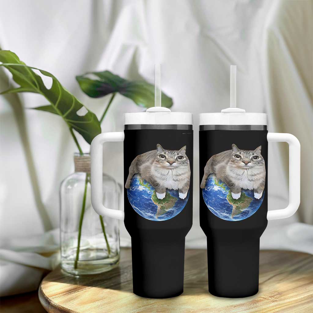 Earth Cat Silly Cat Meme Tumbler With Handle