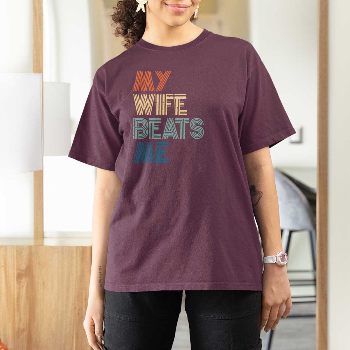 Retro My Wife Beats Me T Shirt For Women Funny Husband Birthday Sarcastic - Wonder Print Shop