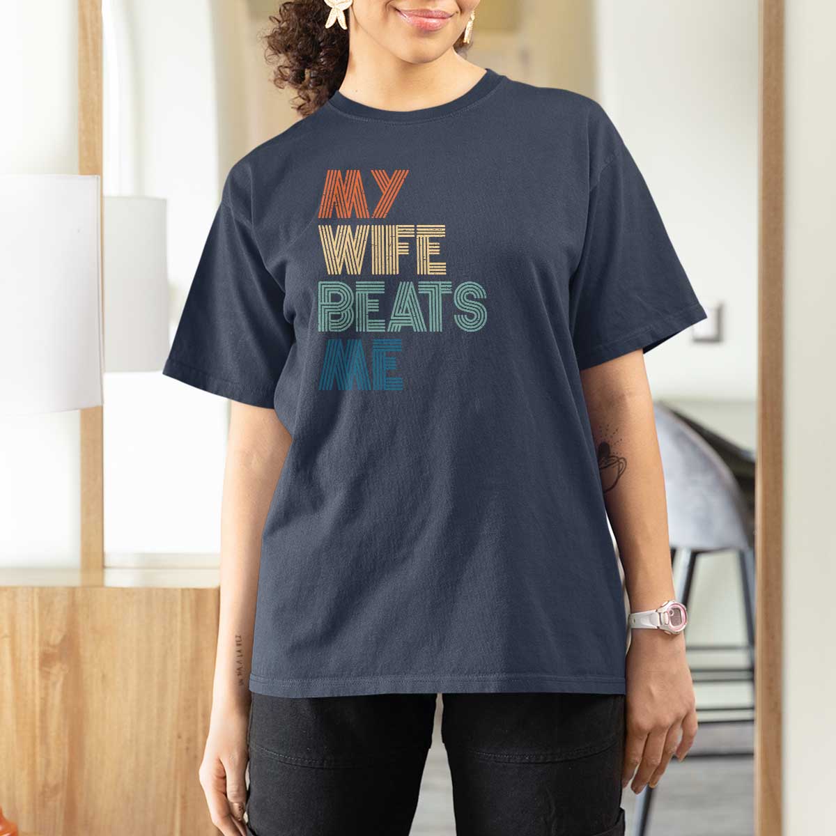 Retro My Wife Beats Me T Shirt For Women Funny Husband Birthday Sarcastic - Wonder Print Shop